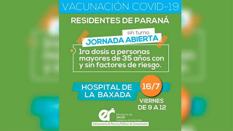 Coronavirus: Vacunarán a mayores de 35 sin turno previo en Paraná