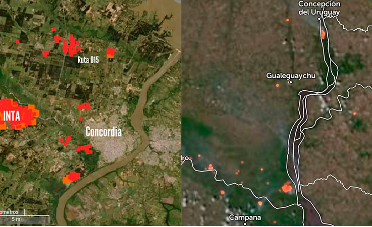 Bomberos y aviones hidrantes combaten incendios en Concordia y Gualeguaychú