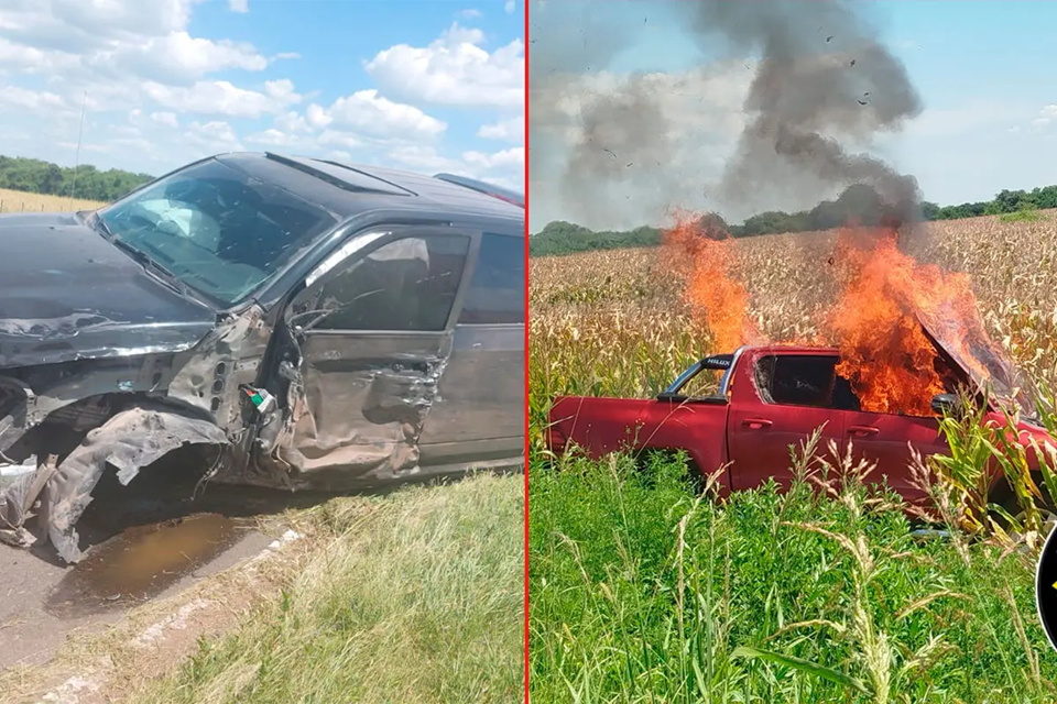 Chocaron frontalmente dos camionetas en la Ruta 12: una se incendió