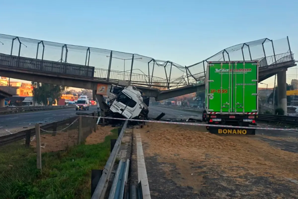 Un camión chocó un puente pasarela y provocó su derrumbe